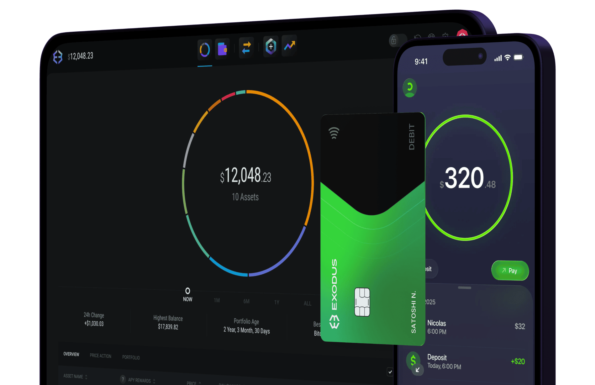 Exodus interface showing home page on tablet and phone with Visa debit card